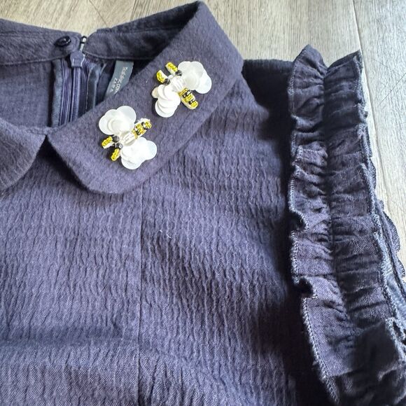 Zara Trafaluc Mini Dress Cotton Sz XS Blue Peter Pan Collar Shift Bee Beaded - Picture 10 of 15